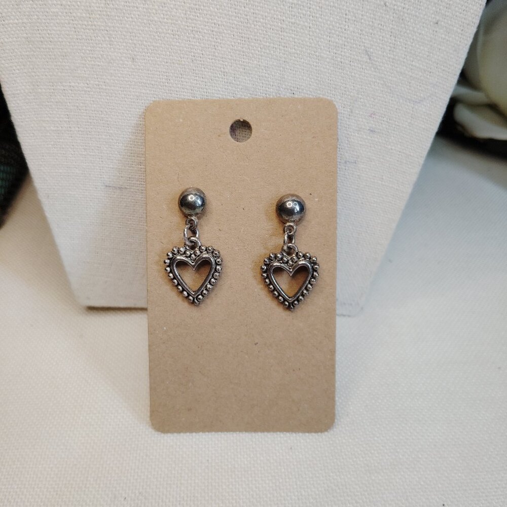 Silver Tone Beaded Heart Dangle Earrings 1.25 Inch Drop